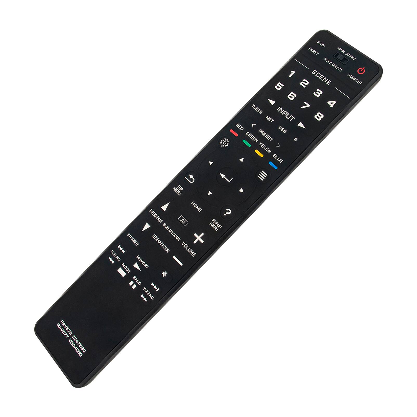 Sure, here is the corrected and grouped text from the image:

---

**Top Section:**
- SLEEP
- PARTY
- MANK
- PURE CONEZ
- PURE DIRECT
- SCENE
- HDMIOU
- 1 2 3 4 5 6 7 8
- TUNER
- INPUT
- NET
- RED
- GREEN
- YELLOW
- BLUE
- PRESET
- B
- MENU
- TOP
- HOME
- PROGRAM
- AL
- MENU
- POP-UP
- STRAIGHT
- SUR.
- DECODE
- ENHANCER
- VOLUME
- TUNING
- MEMORY
- MODE
- BAND
- TUNING

**Bottom Section:**
- RAV677
- ZZ47580

---

This text is organized based on the layout and grouping seen on the remote control.