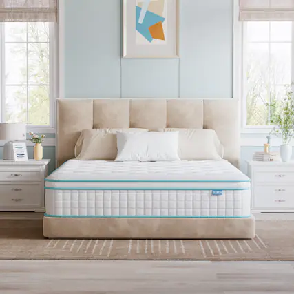 Front. Bestier - 12 inch Cooling Medium Hybrid Memory Foam Mattress - White and Blue.