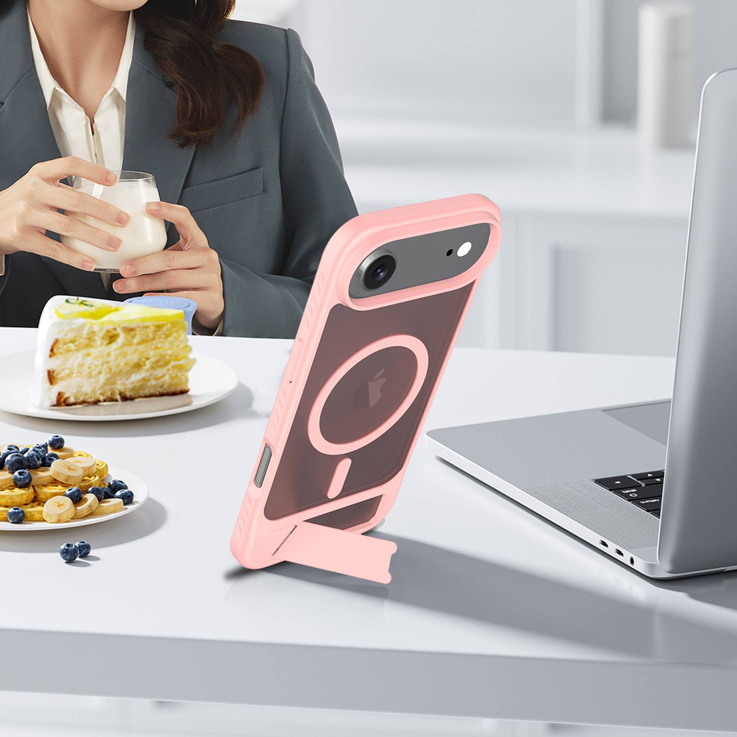 Alt View 3. Dteck - for Apple iPhone Air Translucent Matte Case,Shockproof Stand Slim Mag Safe Cover with Glass Screen Protector - Pink.
