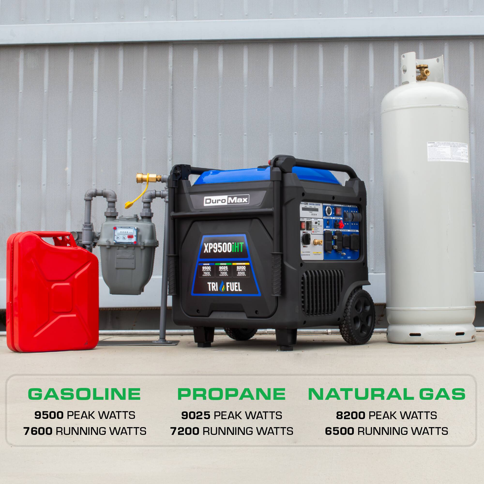 Duro Max XP9500iHT

FAR PR 1P00

CH PO TRI

FUEL

GASOLINE

PROPANE

NATURAL GAS

9500 PEAK WATTS

9025 PEAK WATTS

8200 PEAK WATTS

7600 RUNNING WATTS

7200 RUNNING WATTS

6500 RUNNING WATTS