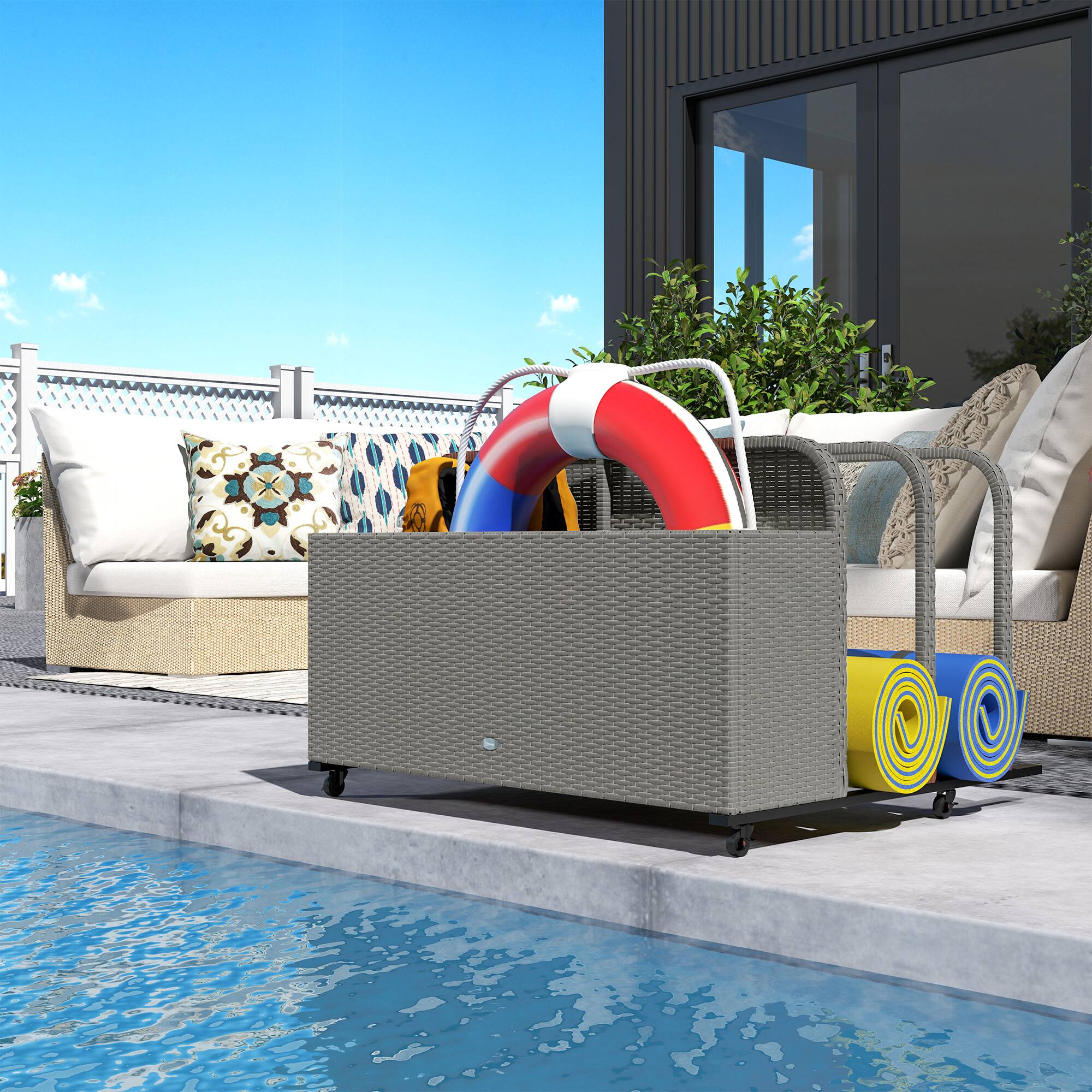 Alt View 7. Outsunny - Wicker Patio Pool Float Storage Basket, PE Rattan Outdoor Pool Caddy with Rolling Wheels for Floaties, Noodles - Mixed Gray.