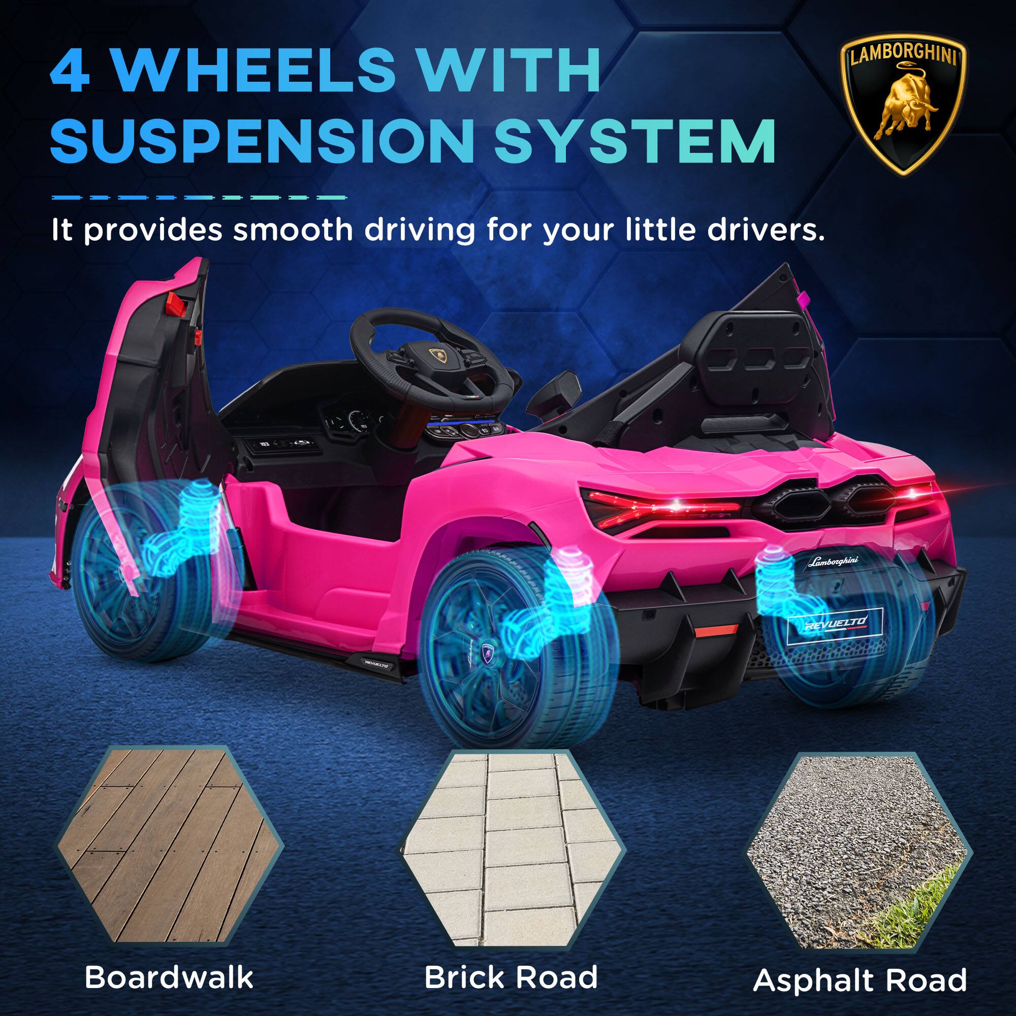 4 WHEELS WITH SUSPENSION SYSTEM  
It provides smooth driving for your little drivers.  

Boardwalk  
Brick Road  
Asphalt Road