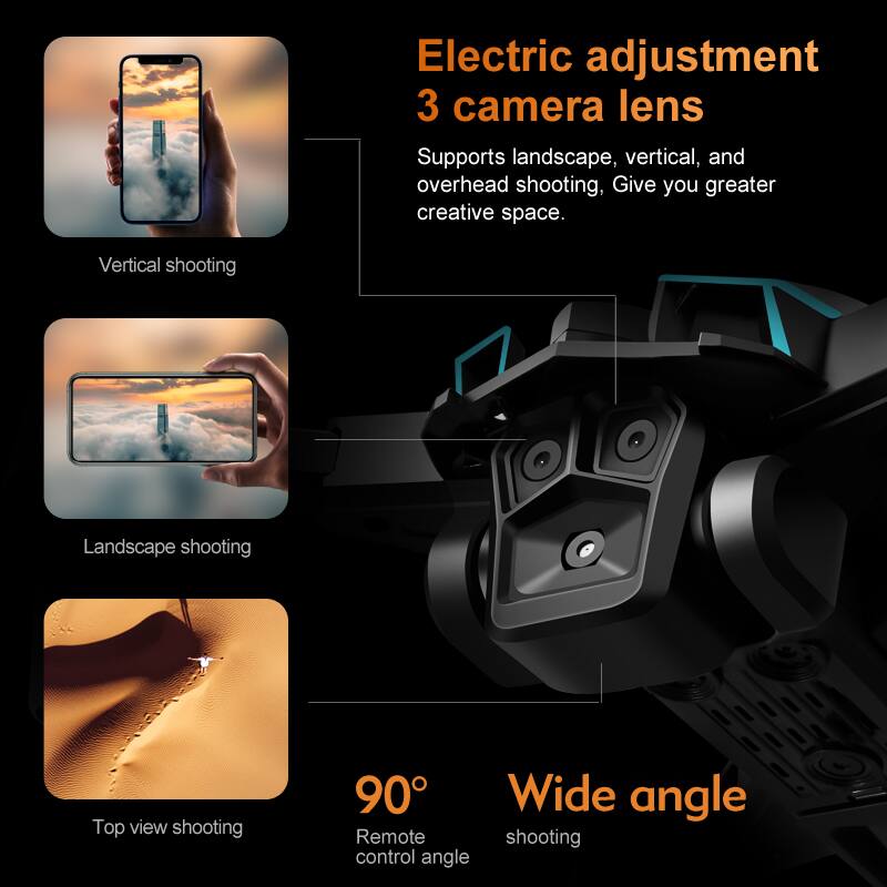 Electric adjustment 3 camera lens  
Supports landscape, vertical, and overhead shooting, giving you greater creative space.  
Vertical shooting  
Landscape shooting  
Top view shooting  
90° Wide angle  
Remote control angle