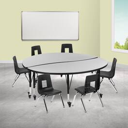 Emma + Oliver - Mobile 60" Circle Wave Collaborative Laminate Activity Table Set with 14" Student Stack Chairs, Grey/Black - Gray