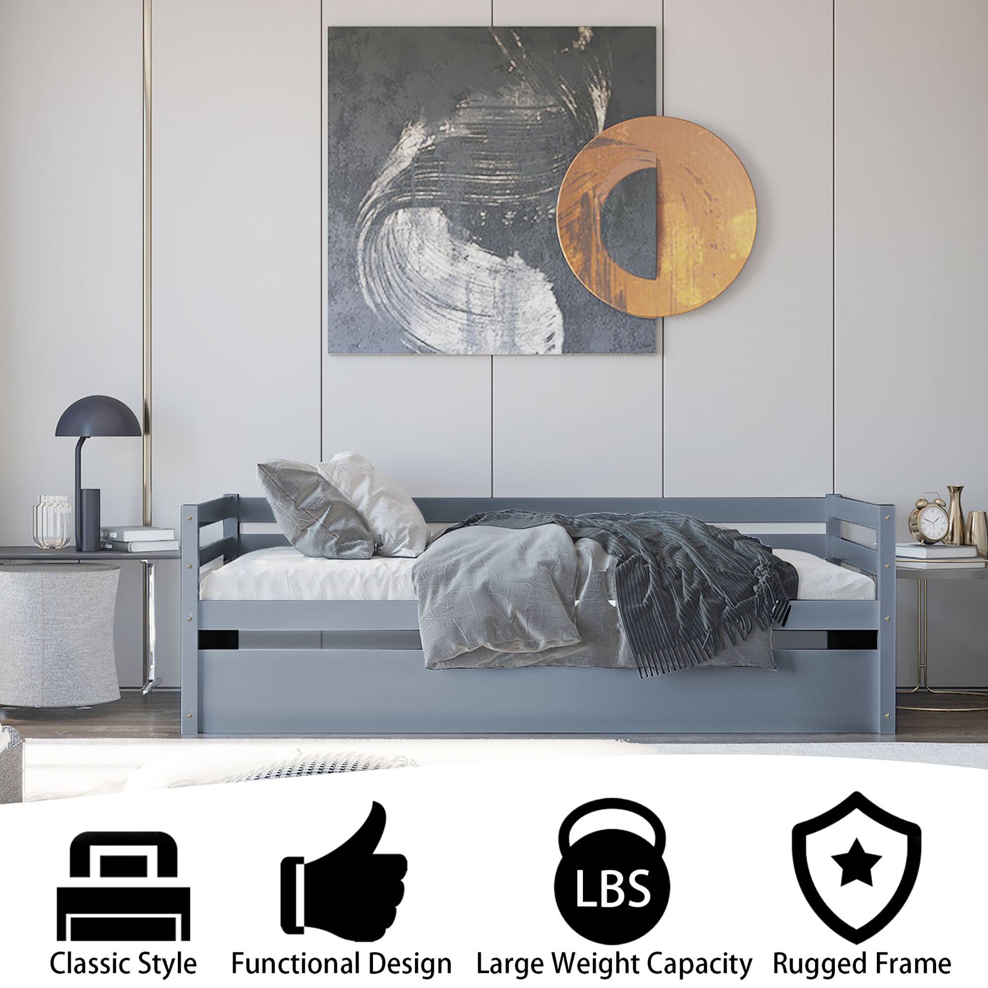 Alt View 4. Costway - Costway Twin Size Trundle Daybed Wooden Slat Support Mattress Platform - Gray.