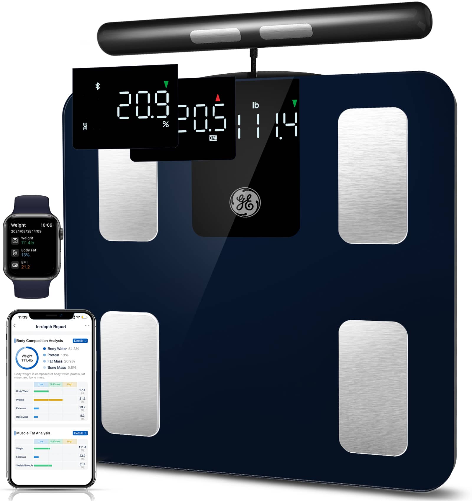 The image features a scale with a digital display showing the weight of 209.205 pounds. The scale is accompanied by a smartphone, which is likely used for tracking weight and body composition data. The phone also displays the time of 10:09. The scene suggests that the user is monitoring their weight and fitness progress through the use of technology.