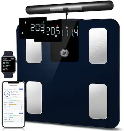 The image features a scale with a digital display showing the weight of 209.205 pounds. The scale is accompanied by a smartphone, which is likely used for tracking weight and body composition data. The phone also displays the time of 10:09. The scene suggests that the user is monitoring their weight and fitness progress through the use of technology.