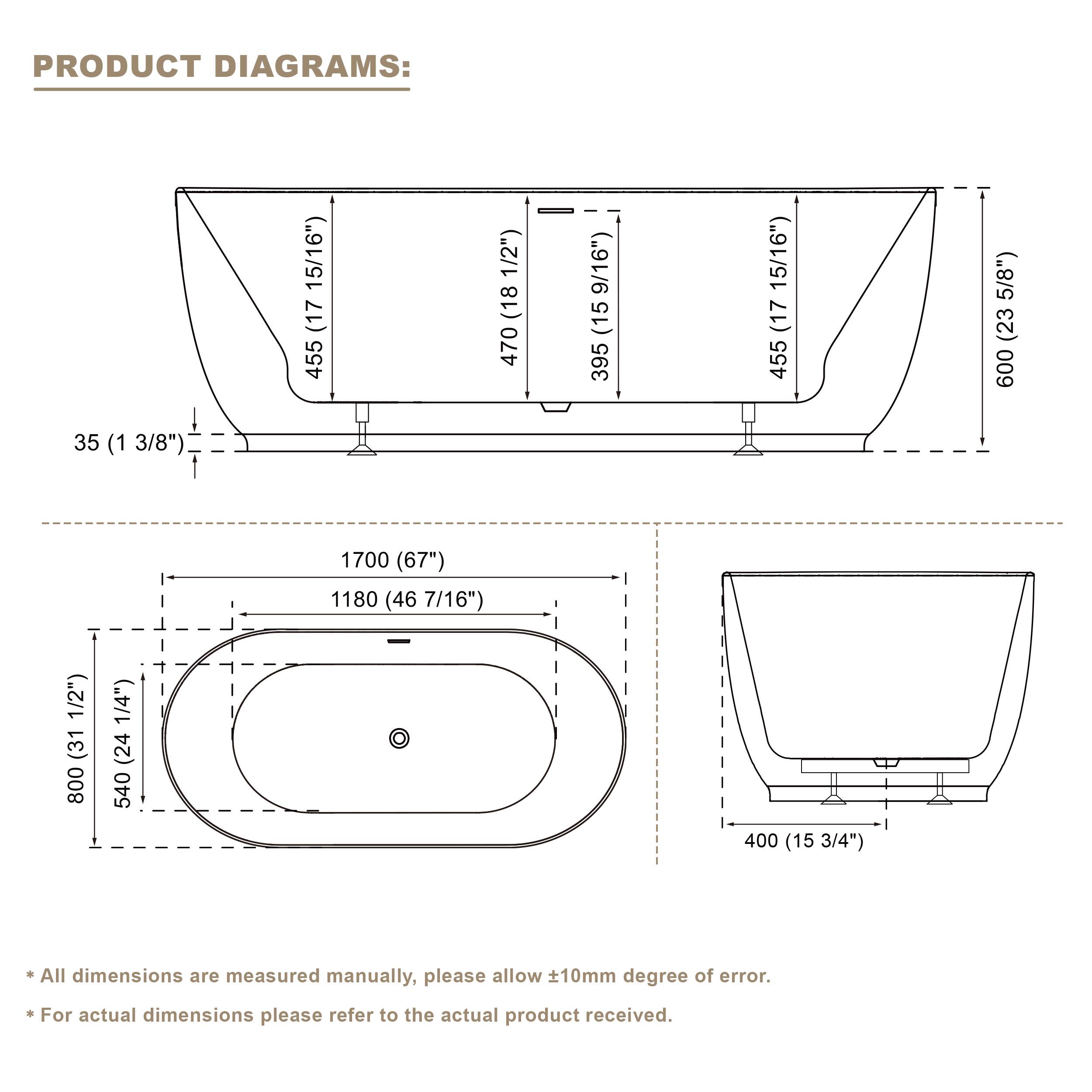 PRODUCT DIAGRAMS:  
- 455 (17 15/16")  
- 470 (18 9/16")  
- 395 (15 9/16")  
- 600 (23 5/8")  
- 35 (1 3/8")  
- 1700 (67")  
- 1180 (46 7/16")  
- 800 (31 1/2")  
- 540 (21 1/4")  
- 400 (15 3/4")  

All dimensions are measured manually, please allow 10mm degree of error.  
For actual dimensions please refer to the actual product received.