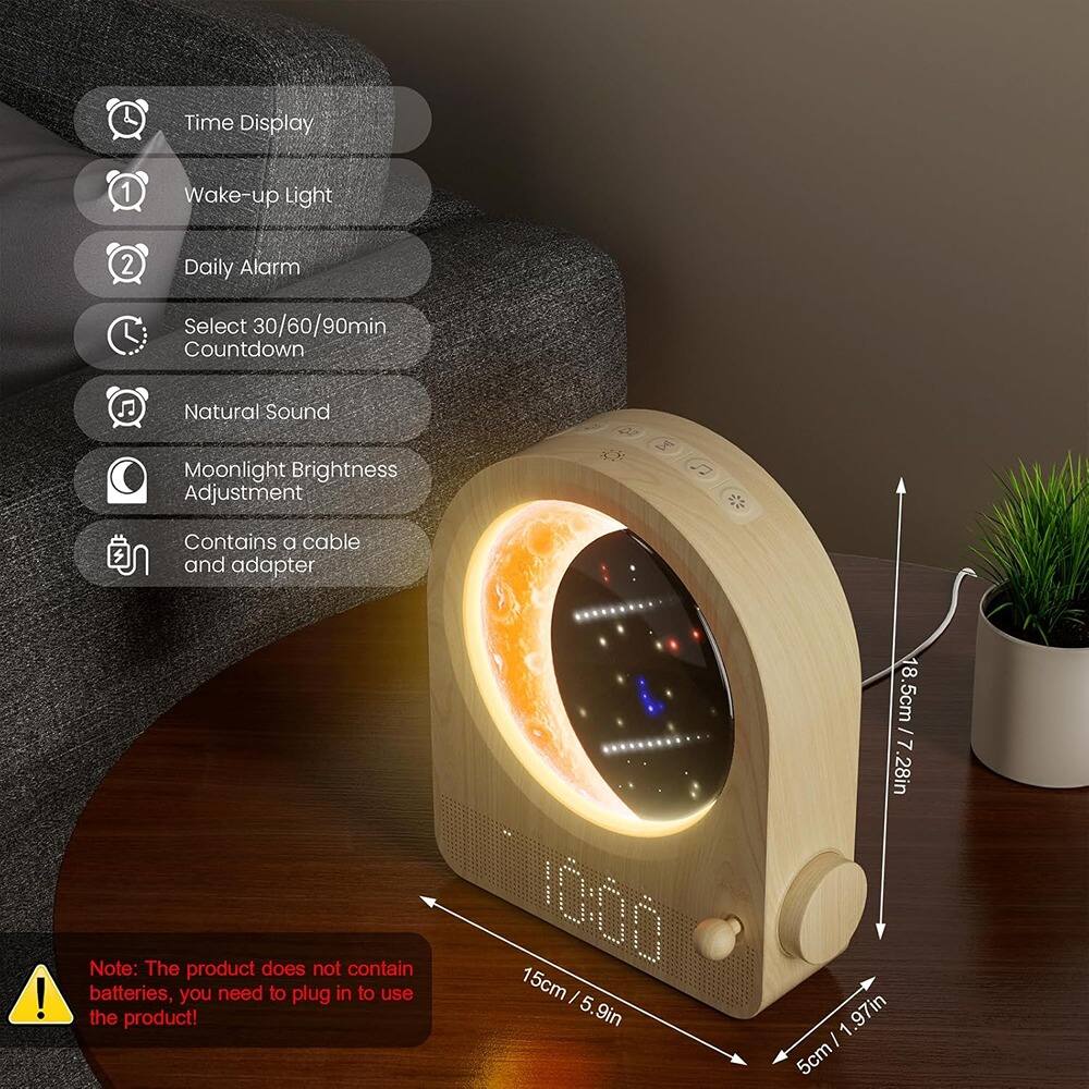 - Time Display
- Wake-up Light
- Daily Alarm
- Select 30/60/90min Countdown
- Natural Sound
- Moonlight Brightness Adjustment
- Contains a cable and adapter

Note: The product does not contain batteries, you need to plug in to use the product!

Dimensions:
- 15cm / 5.9in
- 18.5cm / 7.28in
- 5cm / 1.97in