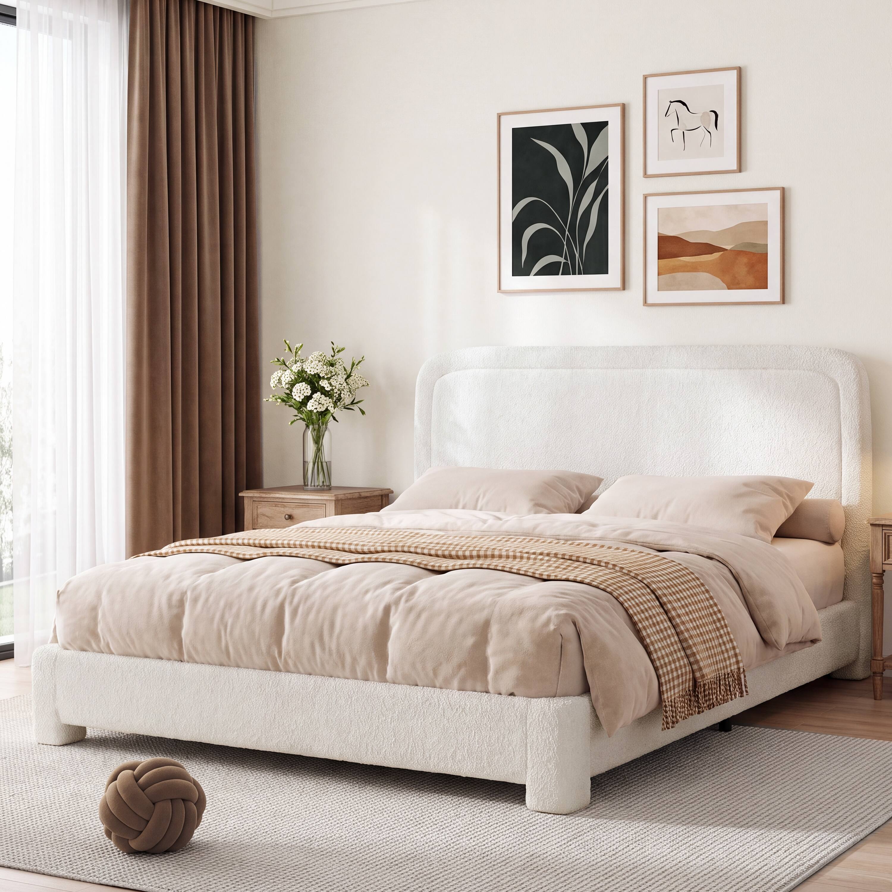 Alt View 7. Vipbear - F/Q/K Upholstered Bed Frame with Adjustable Headboard, Curved Sherpa Platform Bed Frame, No Box Spring Required - White.