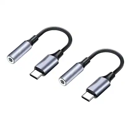 Front. Qixxronics - USB-C to 3.5mm Headphone Jack Adapter, (2 Pack) USB C to AUX Adapter - Gray.