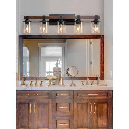 Alt View 4. LUCKY ONE - 35in Rustic 5-Light Vanity Light, Industrial Farmhouse Bathroom Sconce with Wood Accent - Walnut.
