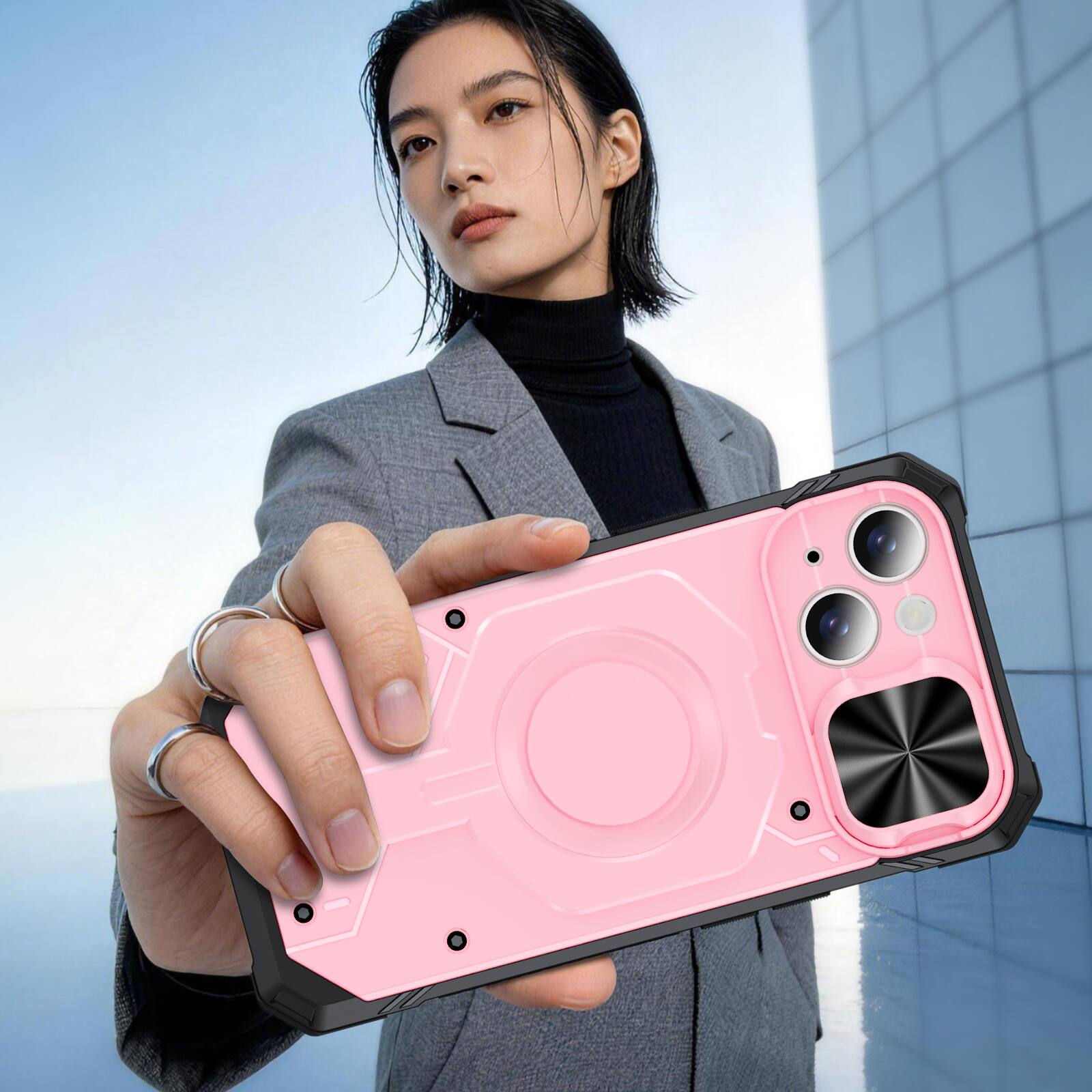 Back. Dteck - Rugged Shockproof Magnetic Hybrid Protective Case for Apple iPhone 15 with Slide Camera Cover, Side Anti-Slip Texture - Pink.