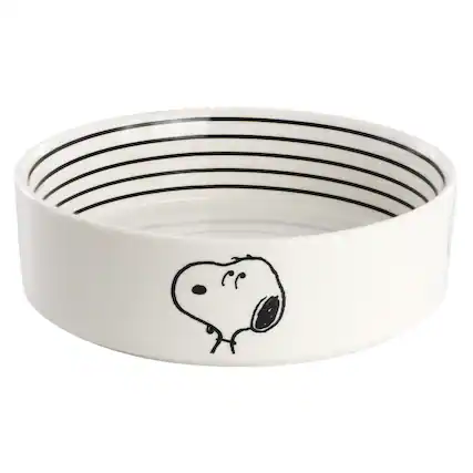 Front. Peanuts - Peanuts Snoopy Suppertime Favorites 6.5in Stoneware Pet Bowl - White and Black.