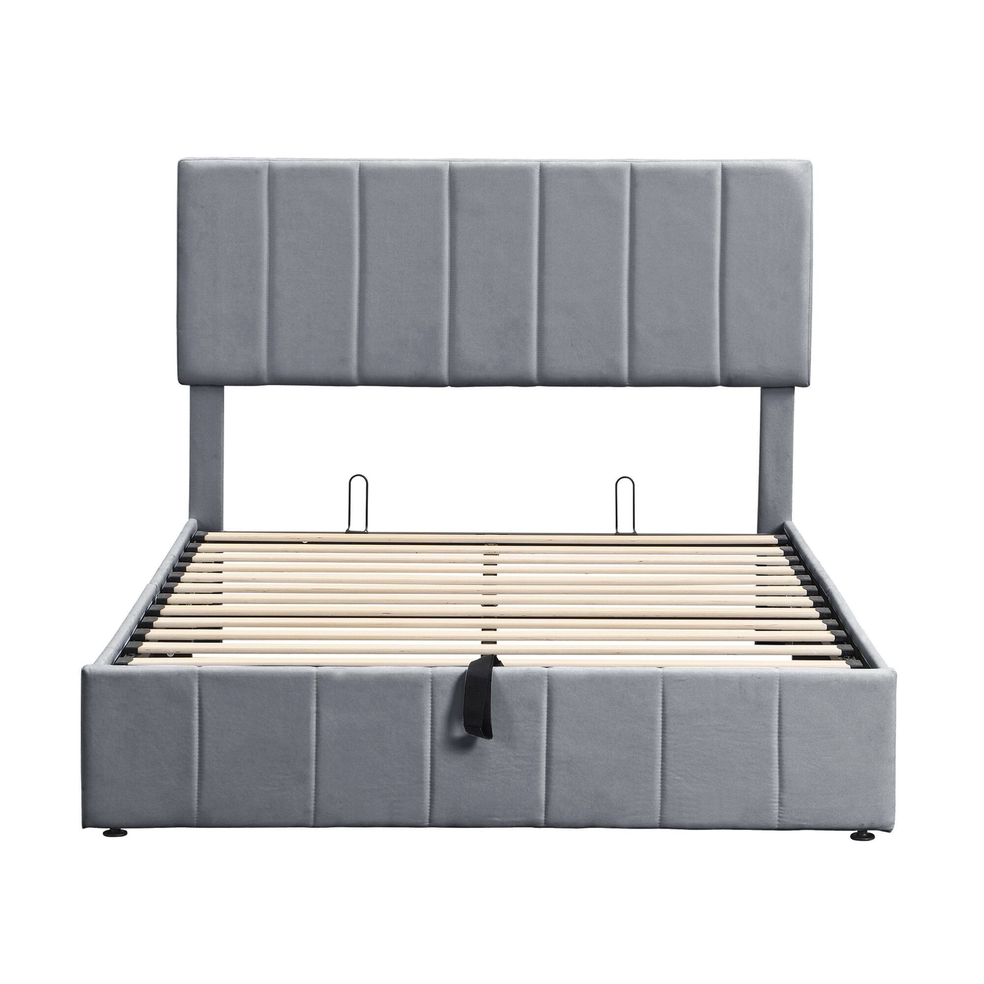 Alt View 1. GOODSILO - Full Size Upholstered Platform Bed with Hydraulic Storage System and Wooden Slat Support - Gray.