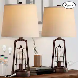 Pawtners - 2-Pack Farmhouse Table Lamps with USB Port, 3-Way Dimmable Touch Control (LED Bulbs Included)