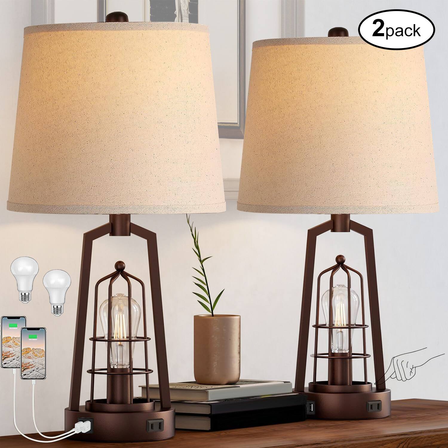 Front. Pawtners - 2-Pack Farmhouse Table Lamps with USB Port, 3-Way Dimmable Touch Control (LED Bulbs Included).