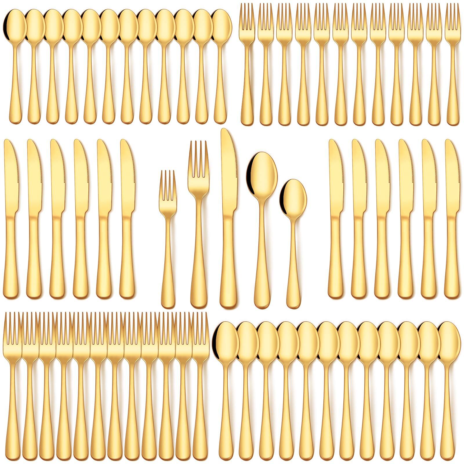 Front. Dazzed Corner - 60-Piece Gold Silverware Set, Stainless Steel Flatware Cutlery Set Service for 12 - NYTPXVQ.