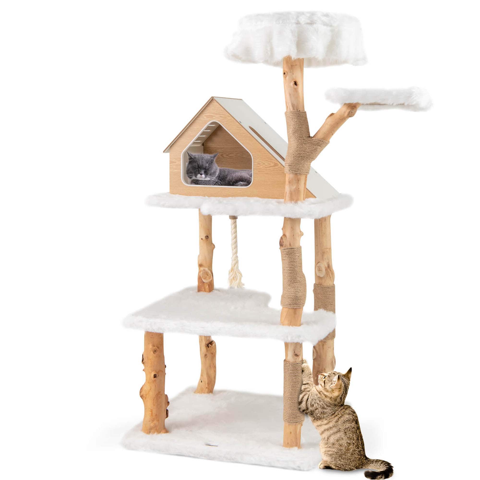 "Costway - 60"" Tall Solid Wood Cat Tree with 2 Perches Condo Jute Scratching Posts Sisal Rope - Beige" price history on PriceWatchPro