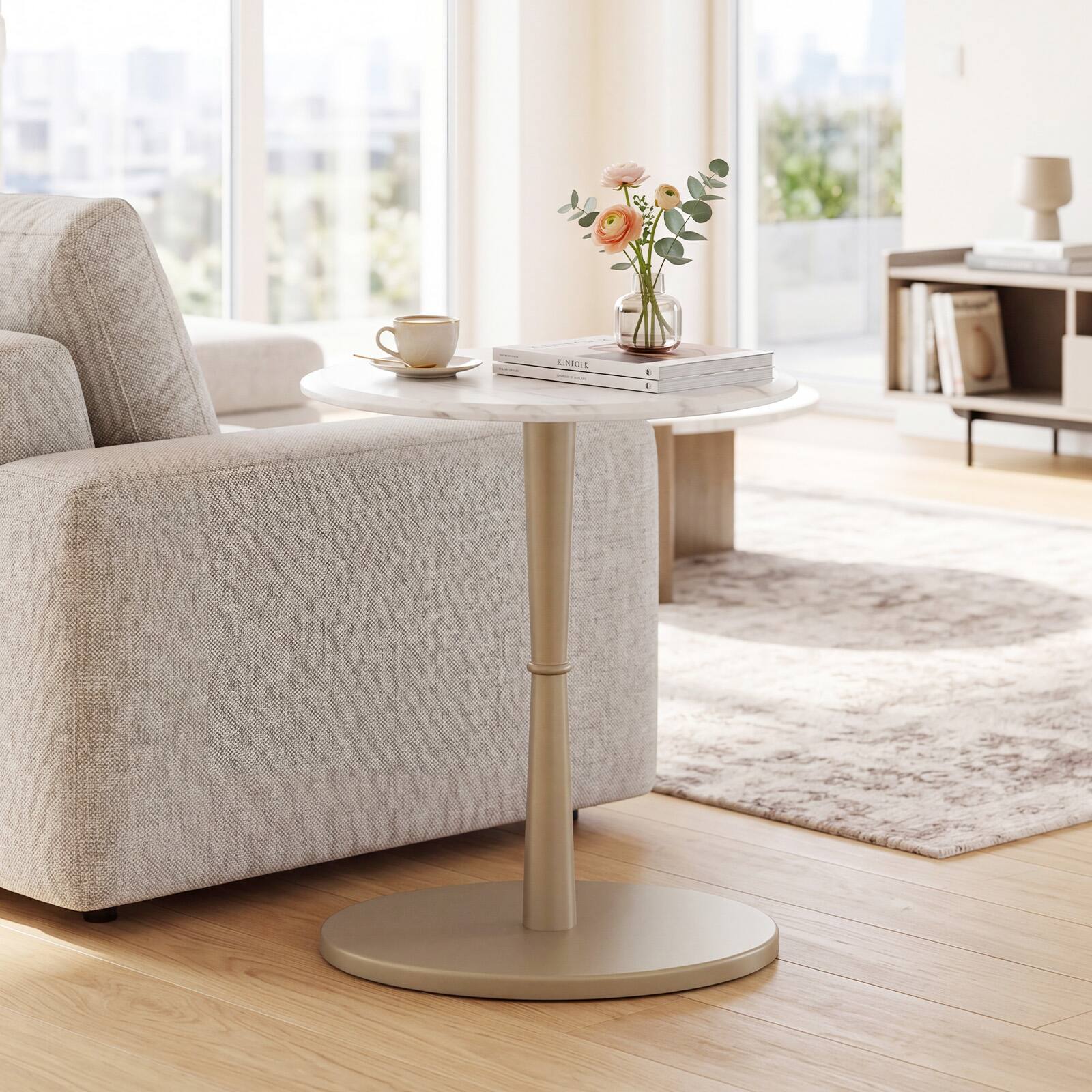 Alt View 1. Costway - Costway 1 PCS Round Marble Side Table with Stone Finish & Wooden Base for Living Room Bedroom - White + Gold.