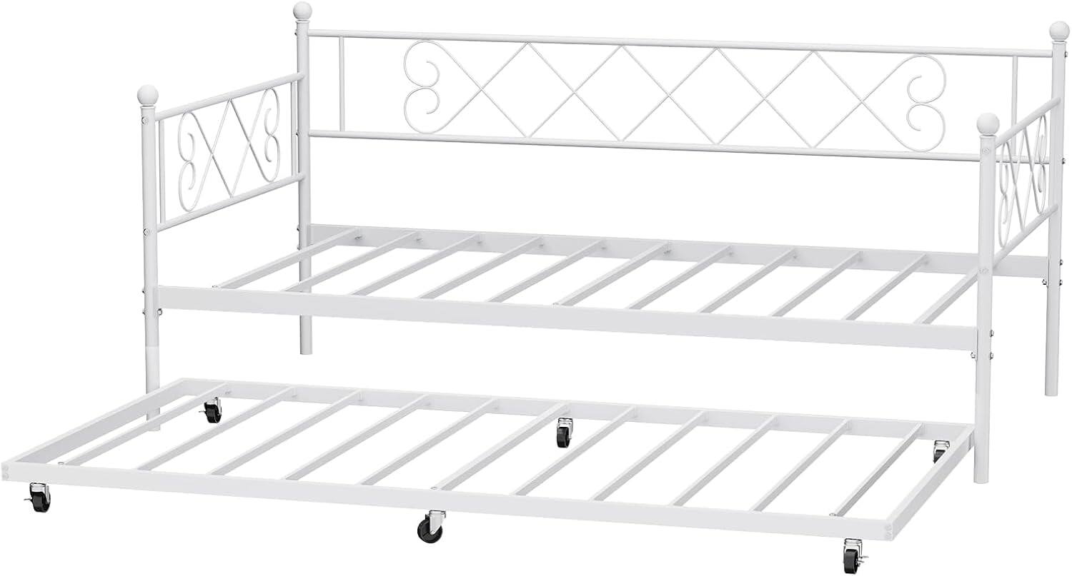 Front. Homhougo - Daybed with Trundle, White Metal Twin Frame, Headboard, Living Room Sofa Bed - White Twin.