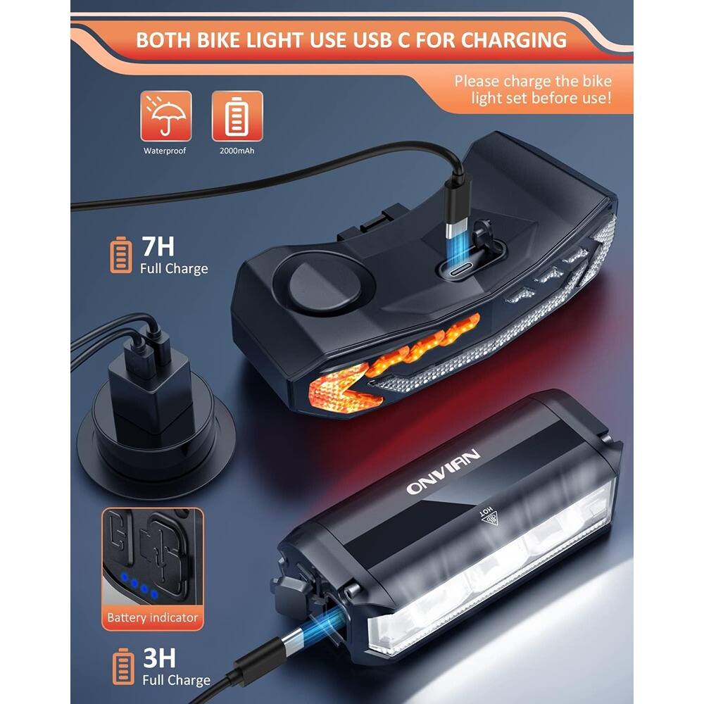 BOTH BIKE LIGHT USE USB C FOR CHARGING

Please charge the bike light set before use!

Waterproof
2000mAh

7H Full Charge

Battery indicator

3H Full Charge