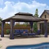 Front. PURPLE LEAF - 12' X 16' Outdoor Hardtop Gazebo for Patio Bronze Aluminum Frame Pavilion with Navy-Blue Curtain - 12' X 16'.