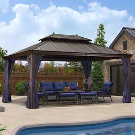 PURPLE LEAF - Outdoor Hardtop Gazebo for Patio Bronze Aluminum Frame Pavilion with Navy-Blue Curtain - 12' X 16'