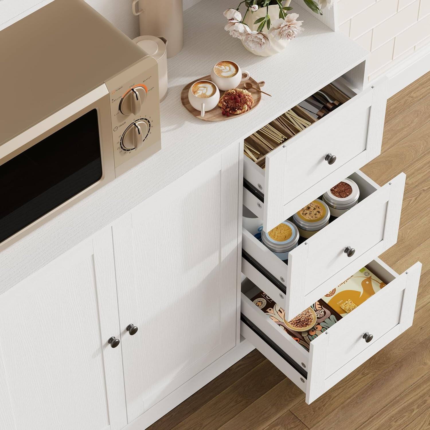 Left. Qeetex - 66-Inch Kitchen Pantry Cabinet with Microwave Shelf, 3 Drawers, LED Lights, White - White.