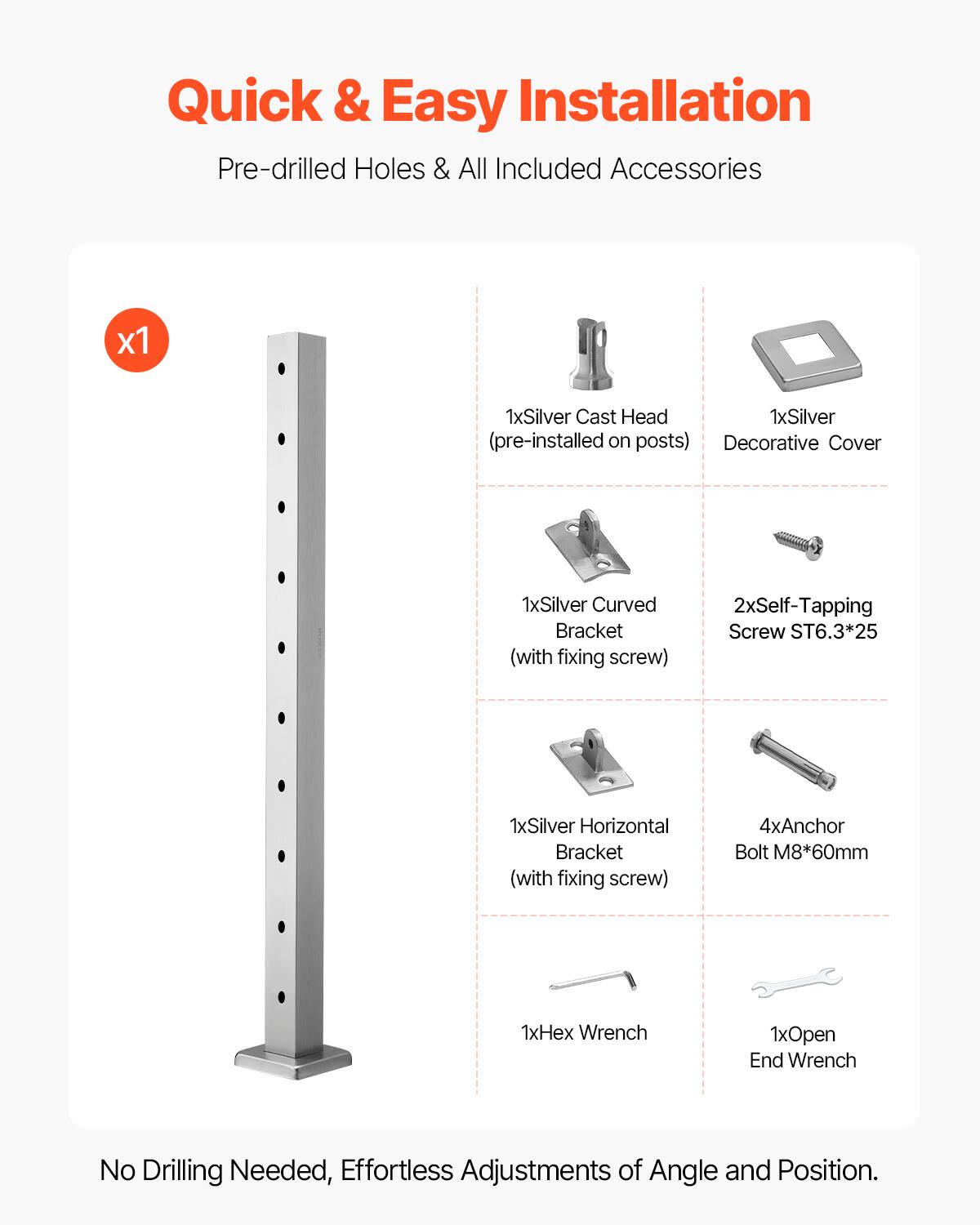 Quick & Easy Installation  
Pre-drilled Holes & All Included Accessories  

- 1x Silver Cast Head (pre-installed on posts)  
- 1x Silver Decorative Cover  
- 1x Silver Curved Bracket (with fixing screw)  
- 2x Self-Tapping Screw ST6.3*25  
- 1x Silver Horizontal Bracket (with fixing screw)  
- 4x Anchor Bolt M8*60mm  
- 1x Hex Wrench  
- 1x Open End Wrench  

No Drilling Needed, Effortless Adjustments of Angle and Position.