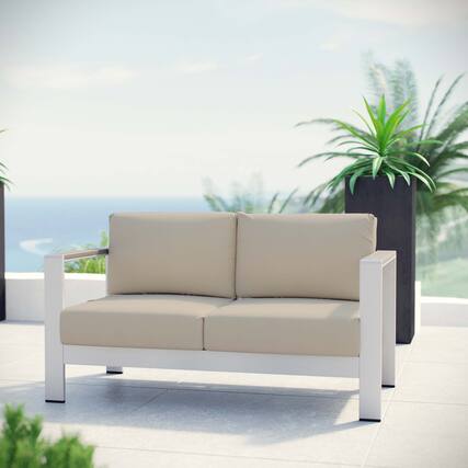 Front. Modway - Shore Outdoor Patio Aluminum Loveseat by Modway - Silver Beige.