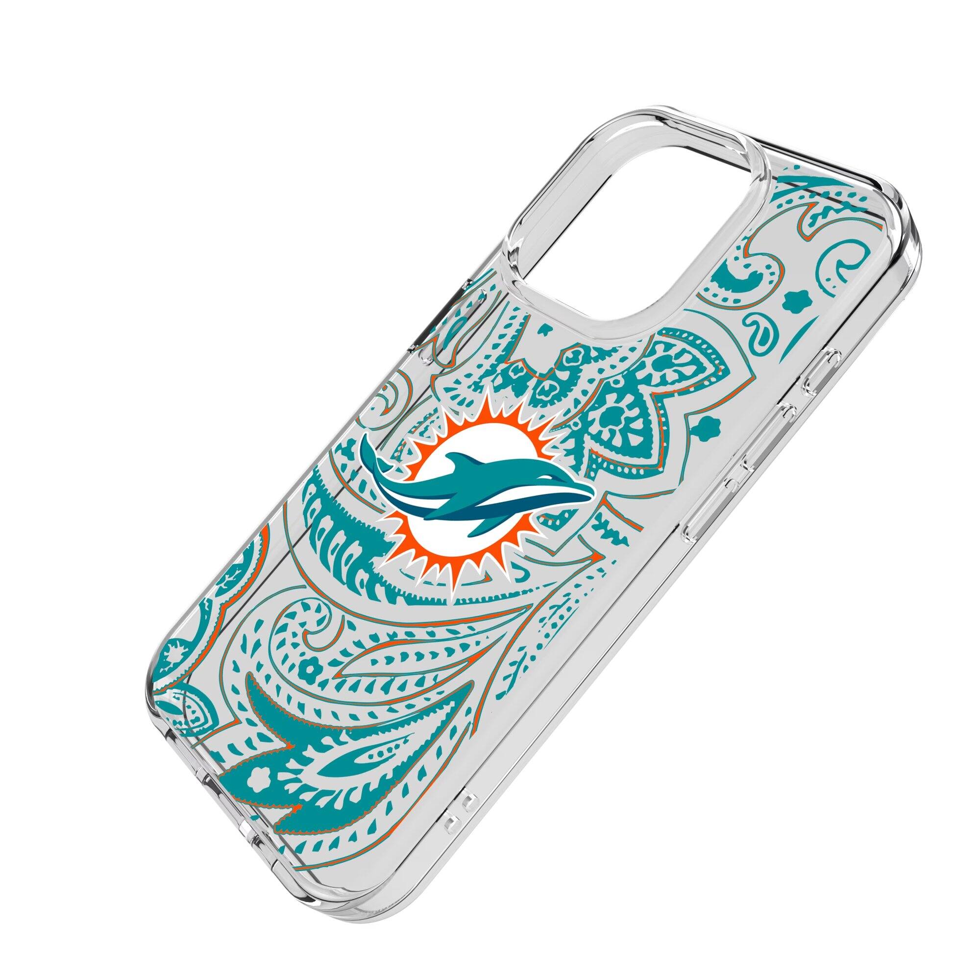 Alt View 1. Keyscaper - Miami Dolphins iPhone Clear Paisley Design Case - 16 Plus - Multicolor.