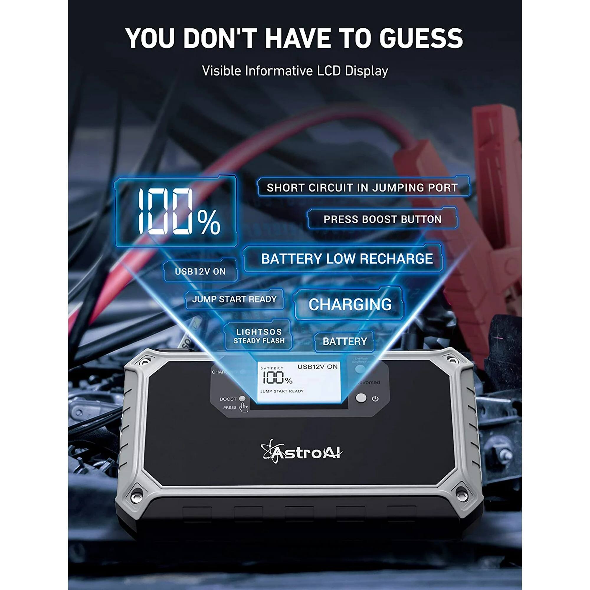 YOU DON'T HAVE TO GUESS  
Visible Informative LCD Display  

- SHORT CIRCUIT IN JUMPING PORT  
- PRESS BOOST BUTTON  
- BATTERY LOW RECHARGE  
- USB12V ON  
- JUMP START READY  
- CHARGING  
- LIGHTSOS STEADY FLASH  
- BATTERY  
- USB12V ON  
- 100%  

AstroA!