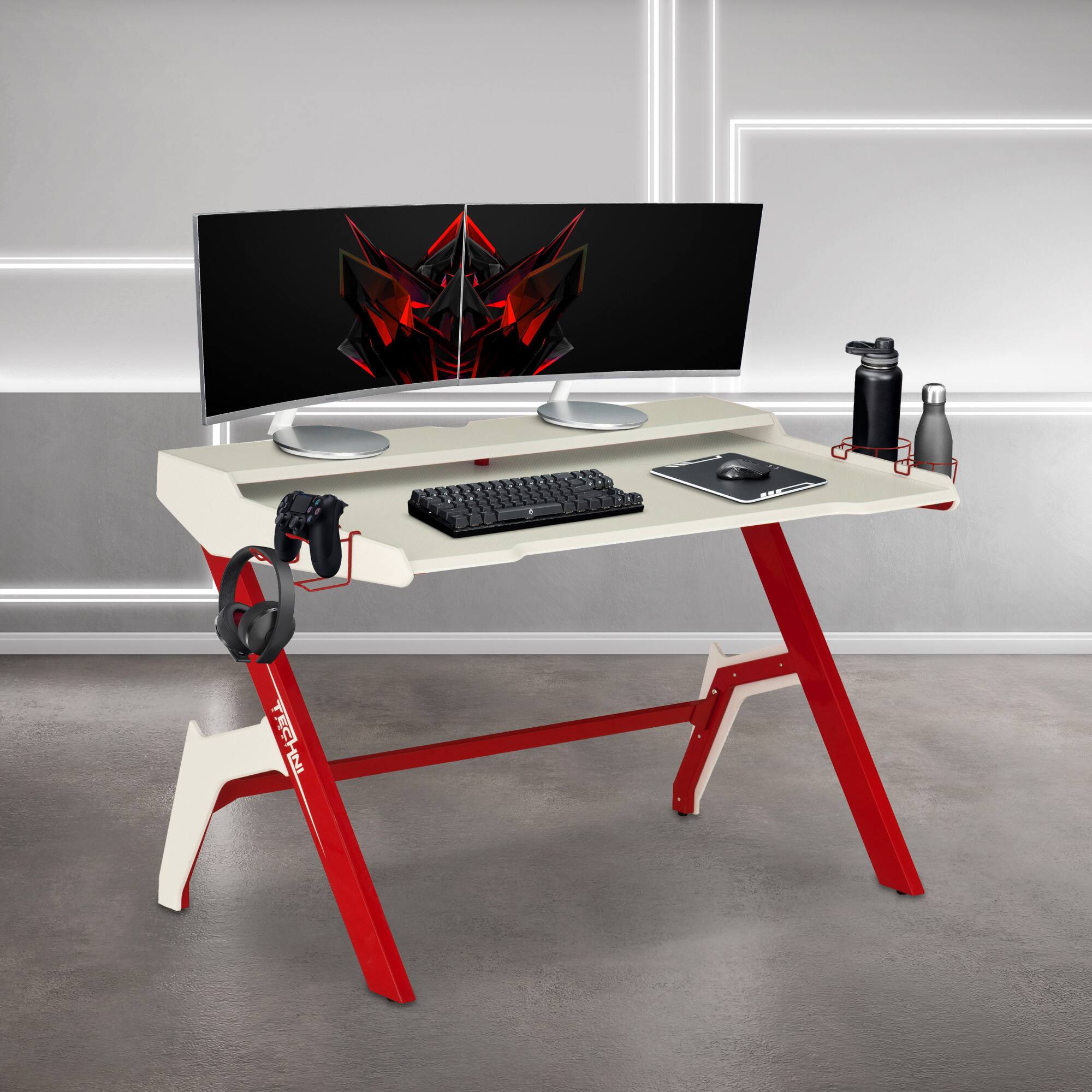 GOODSILO - Ergonomic Gaming Desk Workstation with Cupholder and Headphone Hook for Enhanced Gaming Experience - Red