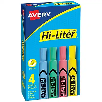 AVERY Hi-Liter
BRAND Hi-Liter
4 PACK / PIEZAS 5
1 YELLOW
1 PINK
1 BLUE
1 GREEN