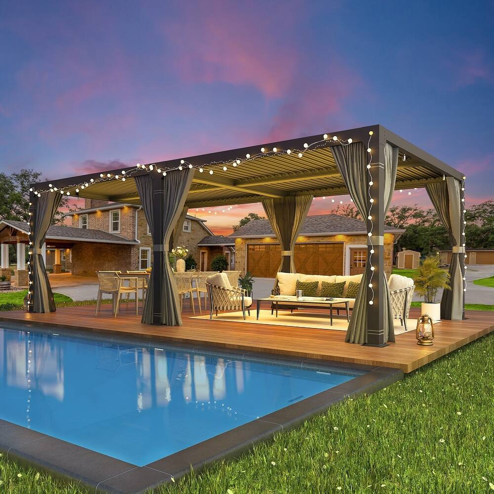 Angle. U-HOMY - 10'x20' Aluminum Pergola with Adjustable Rainproof Louver Roof & Integrated Gutter System - Black.