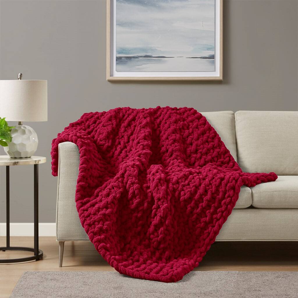 Alt View 1. Gracie Mills - Gracie Mills Dana Handmade Chenille Chunky Knit Throw Blanket - Red.