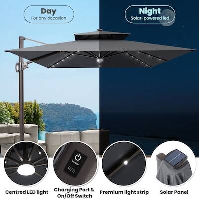 Day: For any occasion  
Night: Solar-powered LED  
Charging Port & On/off Switch  
Centred LED Light  
Premium light strip  
Solar Panel