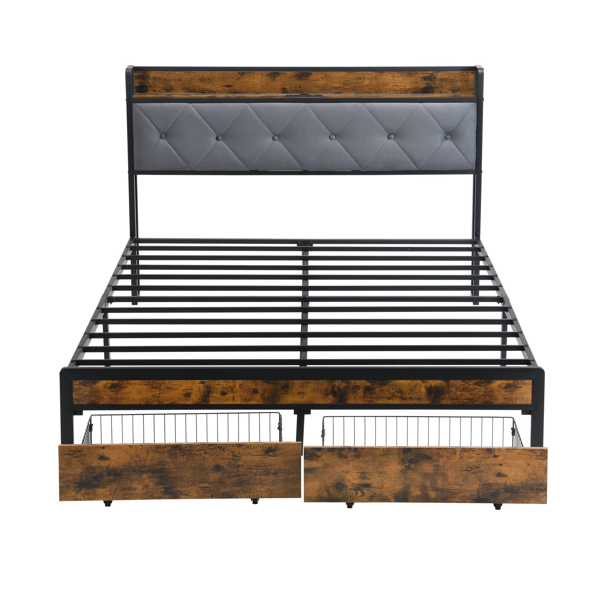 Alt View 1. GOODSILO - Modern Upholstered Full Bed Frame with LED Lighting, Storage Drawers, USB Charging Station, and Sturdy Metal Structure - Brown+Gray.