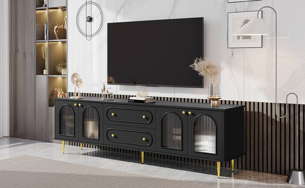 Back. APRILSOUL - 78.7in Modern TV Stand Cabinet with Five Metal Legs and Metal Handles 2 Drawers 2 Cabinets with Glass Doors Up to 80in - Black.