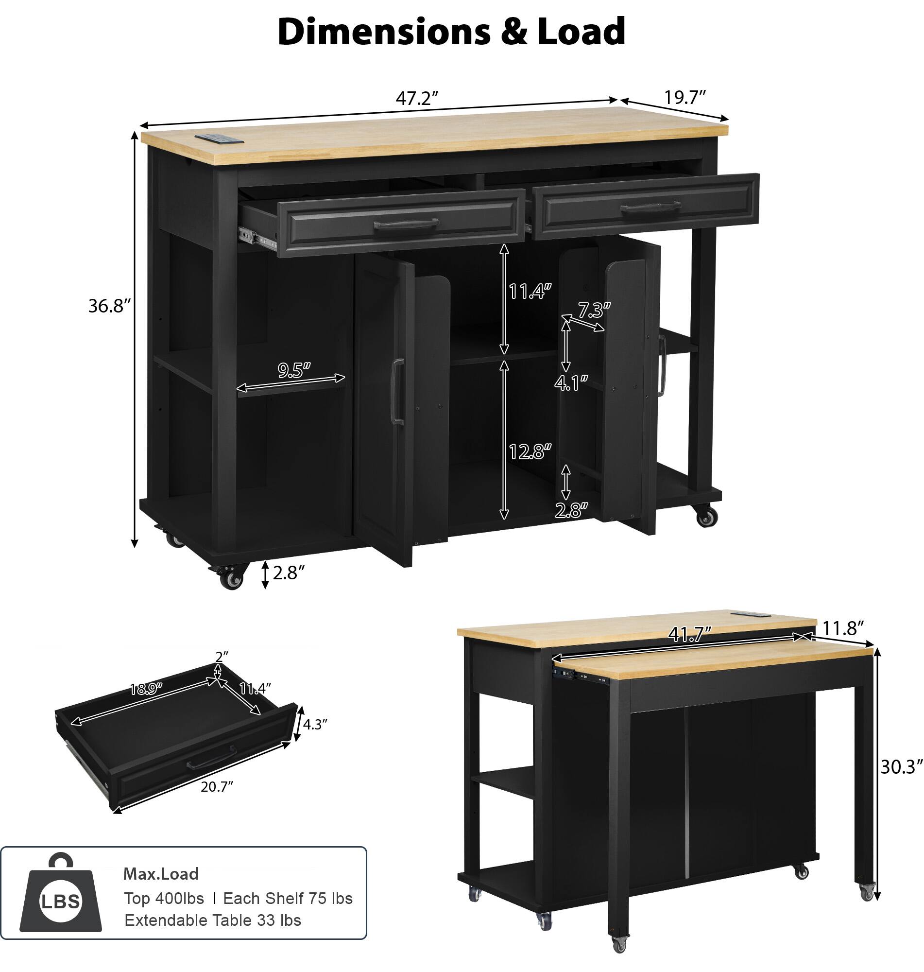 Dimensions & Load

- Top: 47.2" x 19.7"
- Depth: 36.8"
- Height: 11.4"
- Drawer: 9.5" x 11.8" x 4.3"
- Shelf: 12.8" x 19.7" x 2.8"
- Extendable Table: 41.7" x 11.8"
- Bottom Shelf: 30.3" x 18"
- Max. Load: Top 400 lbs | Each Shelf 75 lbs | Extendable Table 33 lbs
