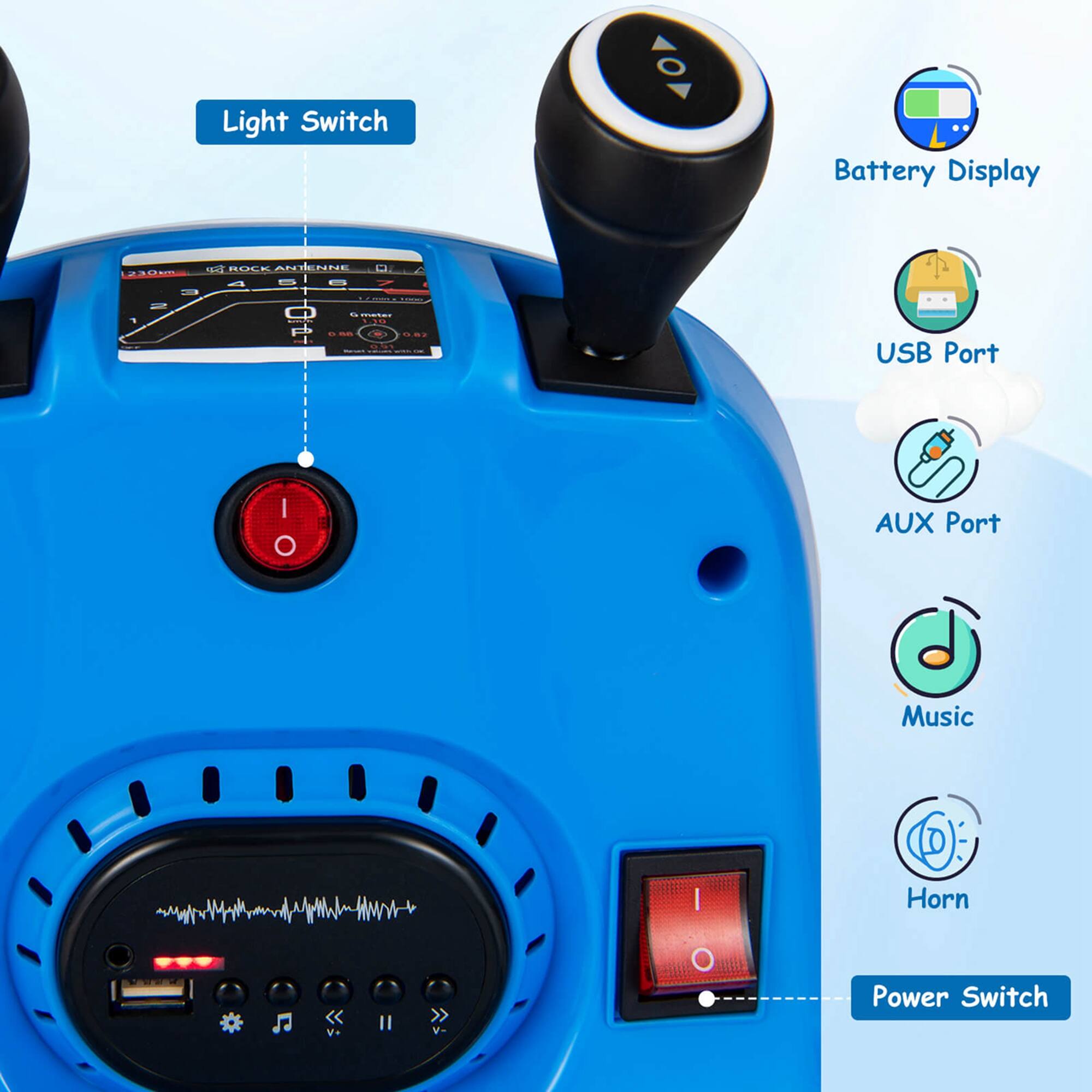 - Light Switch
- Battery Display
- USB Port
- AUX Port
- Music
- Horn
- Power Switch