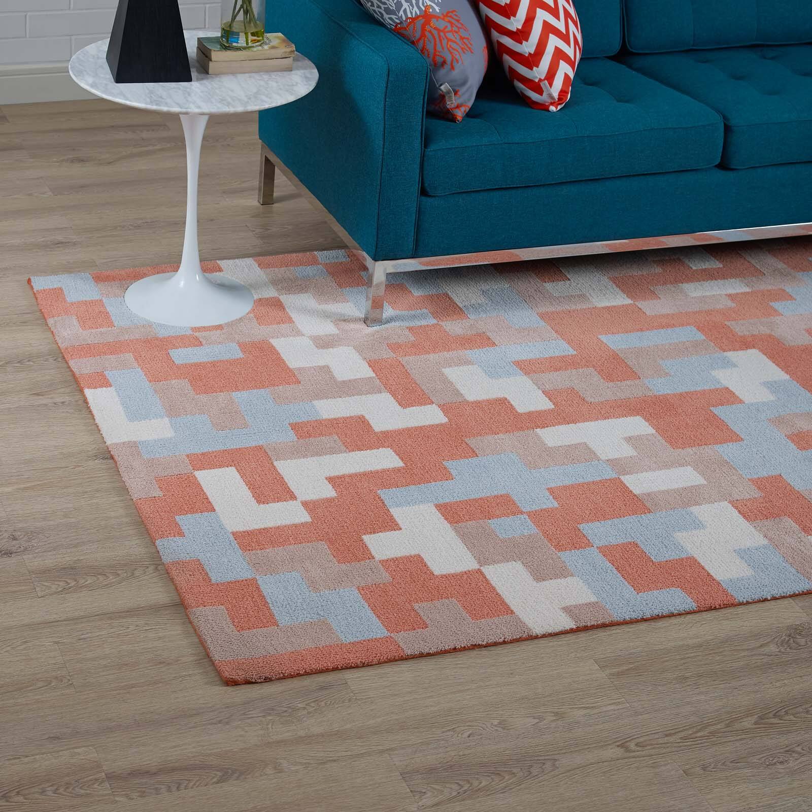 Left. Modway - Andela Interlocking Block Mosaic Area Rug - Multicolored Coral and Light Blue.