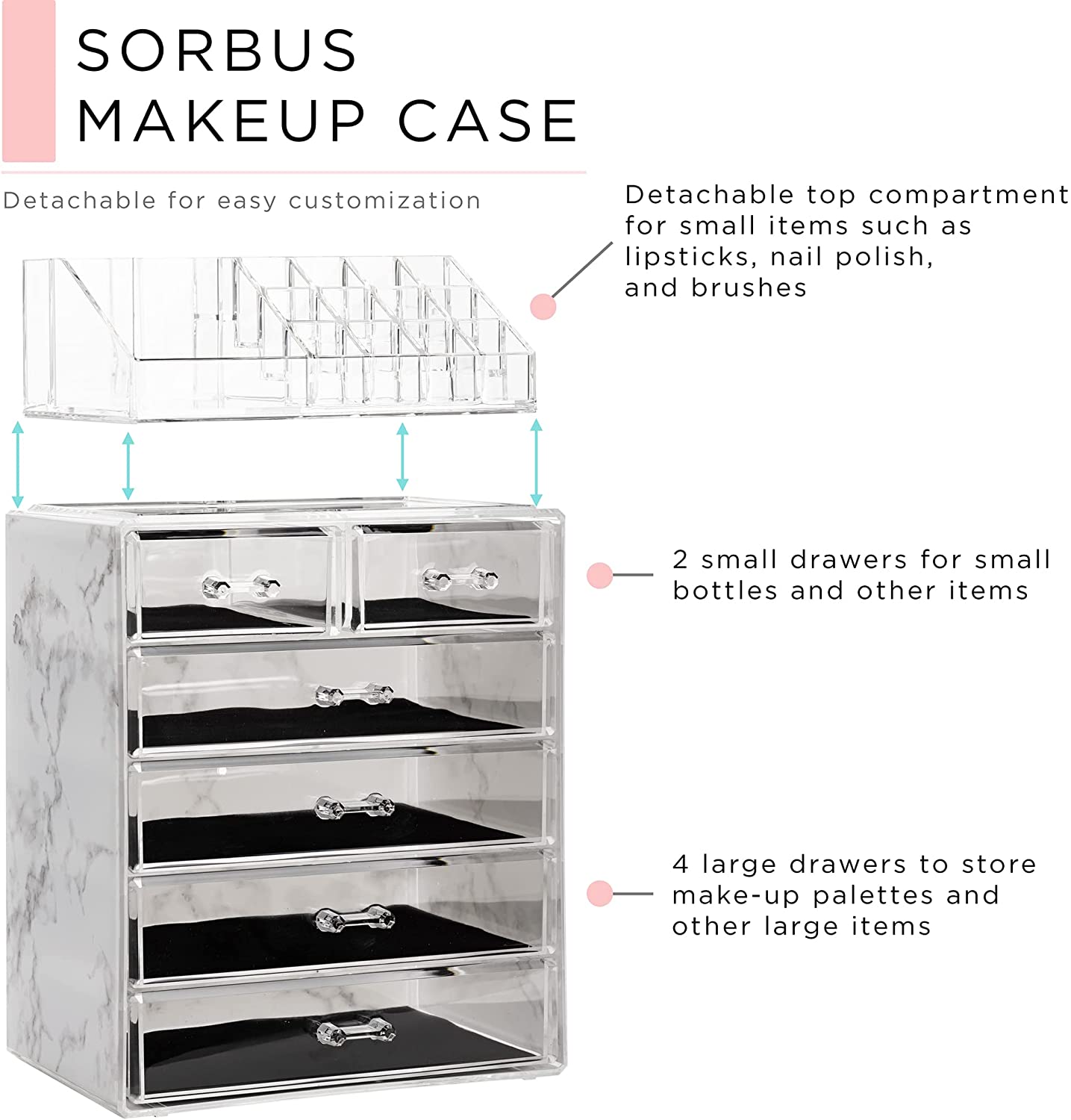 **SORBUS MAKEUP CASE**

- Detachable for easy customization
- Detachable top compartment for small items such as lipsticks, nail polish, and brushes
- 2 small drawers for small bottles and other items
- 4 large drawers to store make-up palettes and other large items