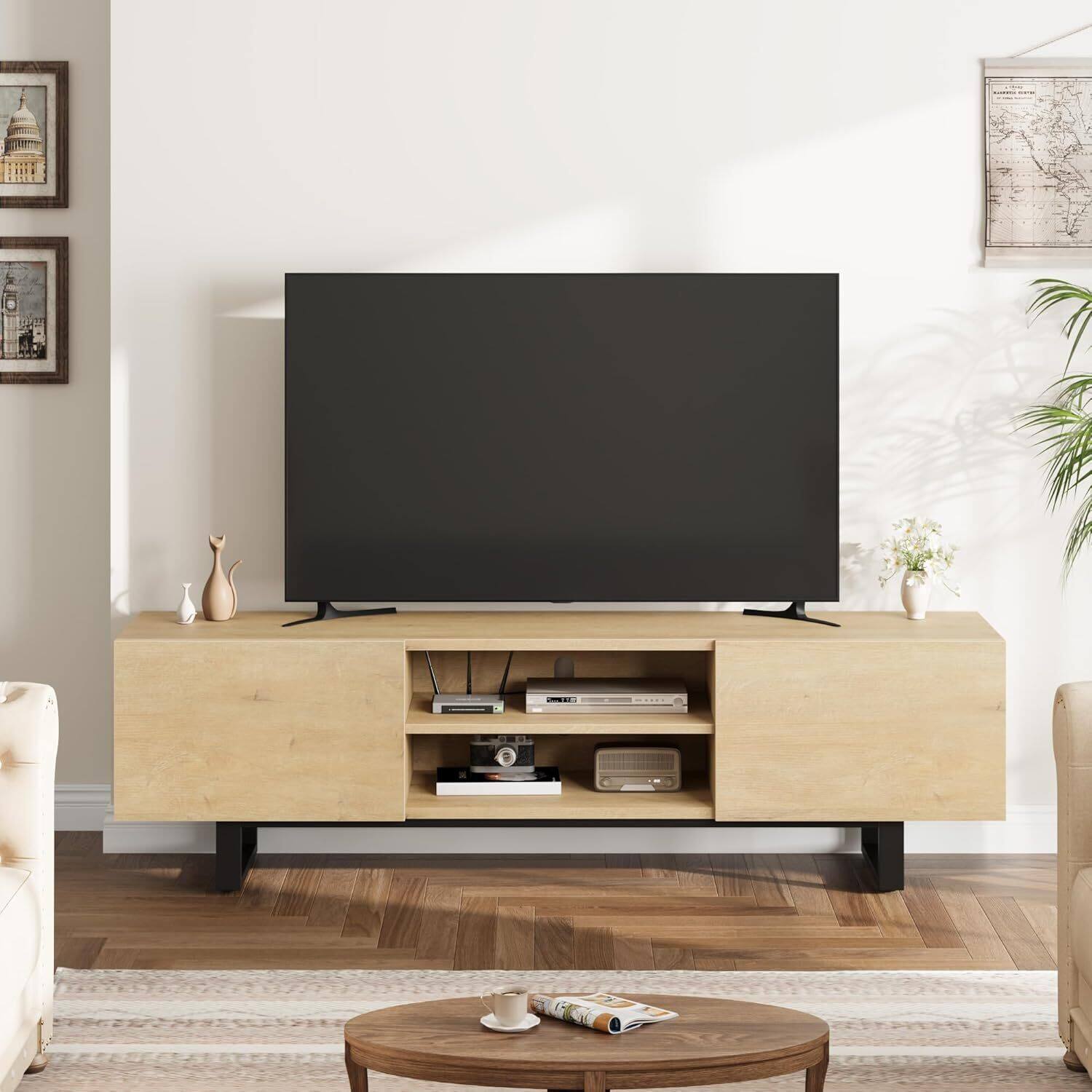 Acekool - Modern 70" Entertainment Center TV Stand for 65/75/80 Inch TV with 2 Drawers & Open Shelves - Oak