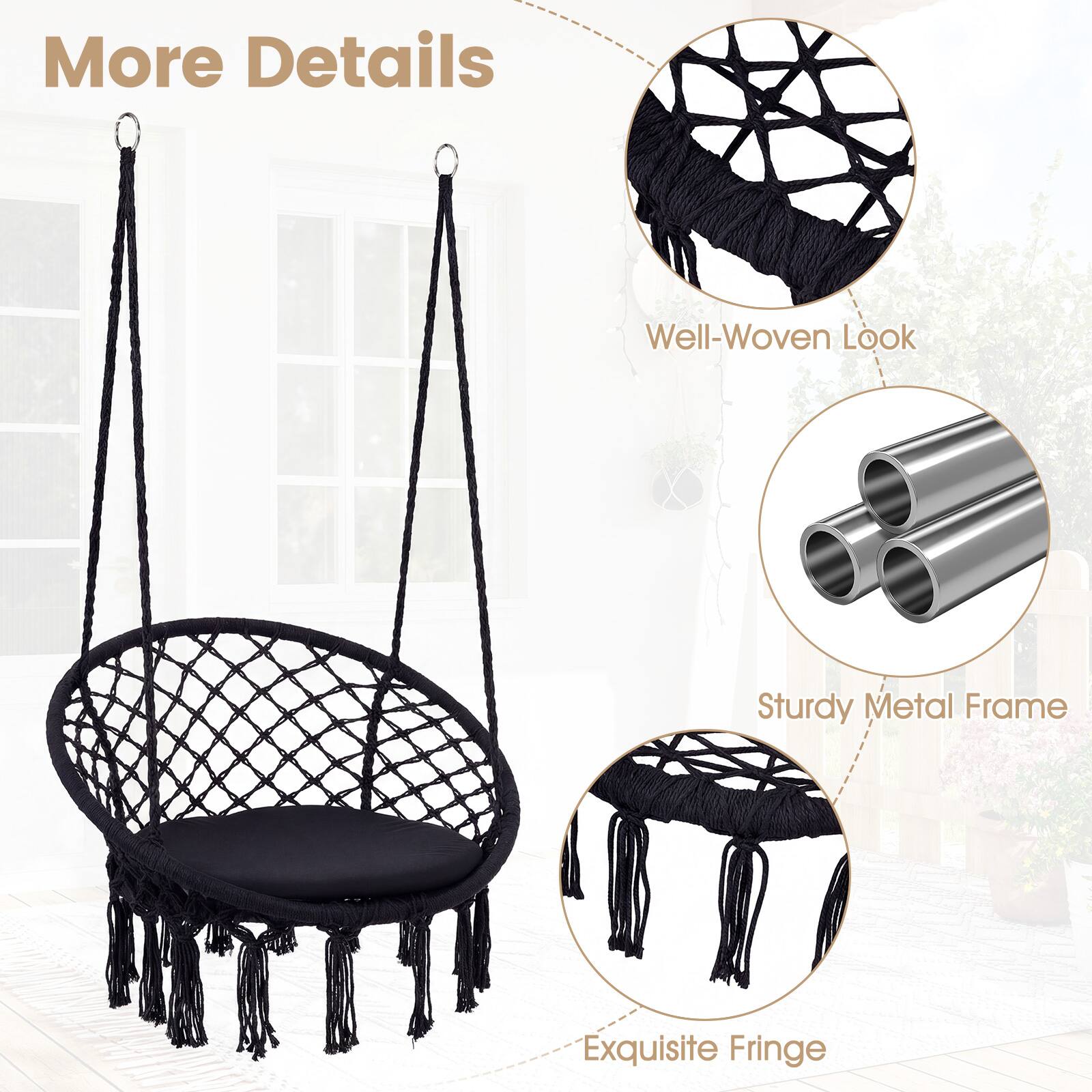 More Details

- Well-Woven Look
- Sturdy Metal Frame
- Exquisite Fringe
