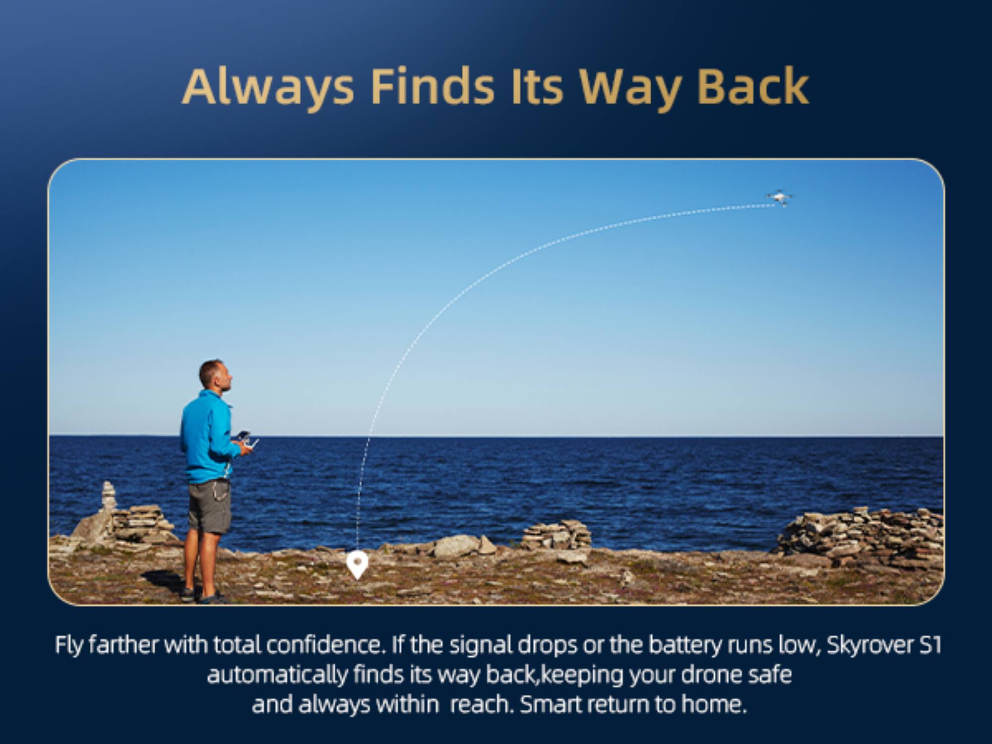 Always Finds Its Way Back

Fly farther with total confidence. If the signal drops or the battery runs low, Skyrover S1 automatically finds its way back, keeping your drone safe and always within reach. Smart return to home.