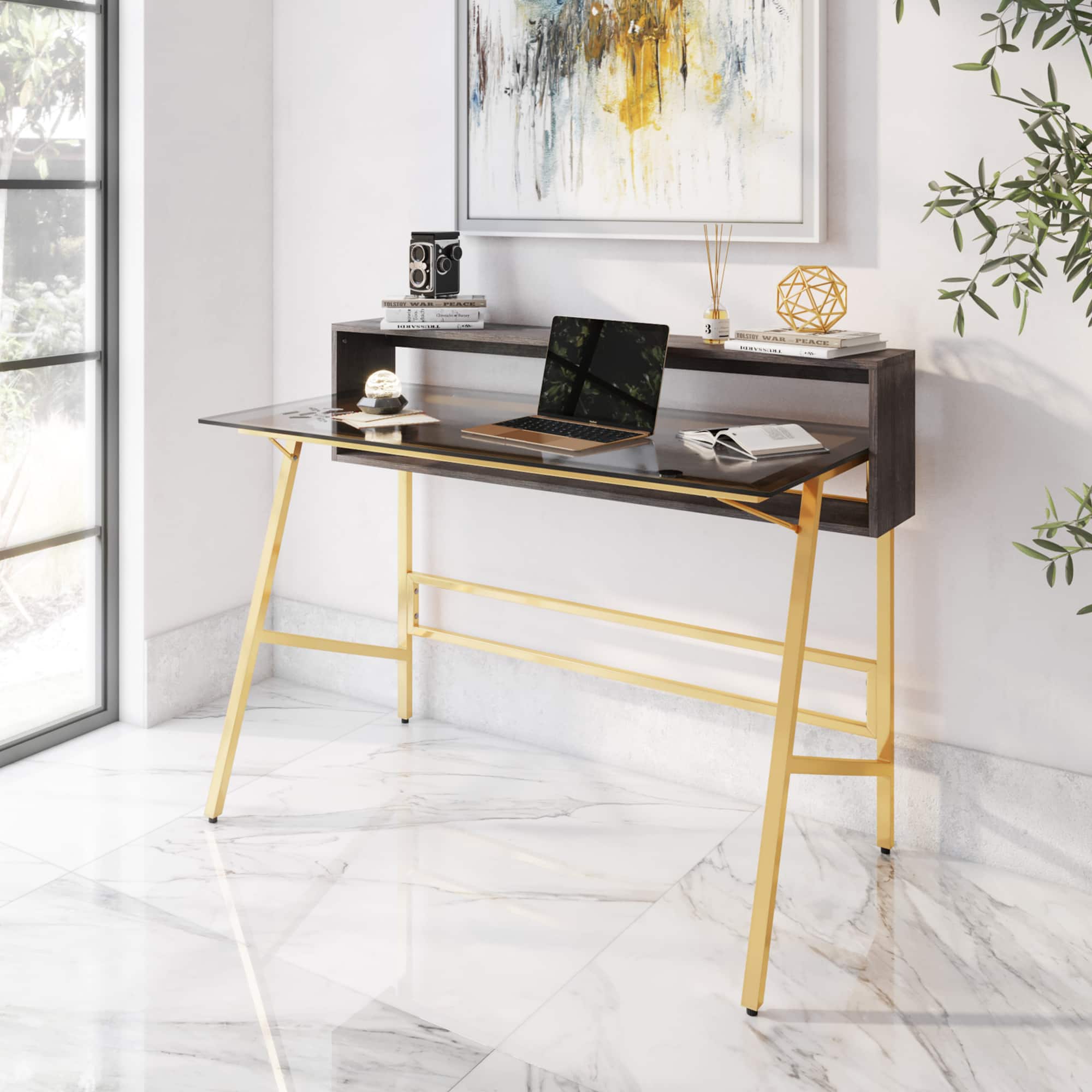 GOODSILO - Modern Home Office Writing Desk with Tempered Glass Top and Open Shelves - Gold