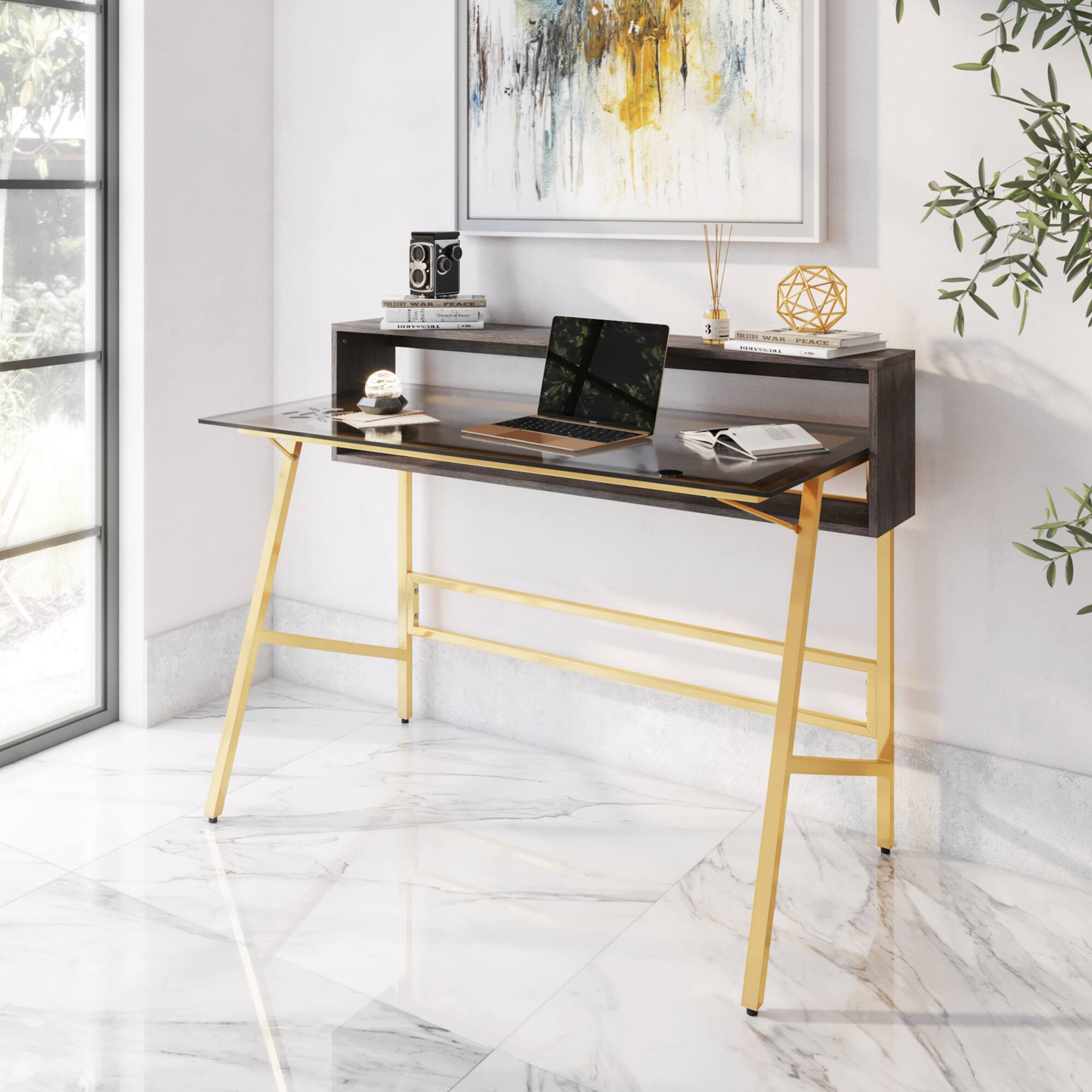 GOODSILO - Modern Home Office Writing Desk with Tempered Glass Top and Open Shelves - Gold
