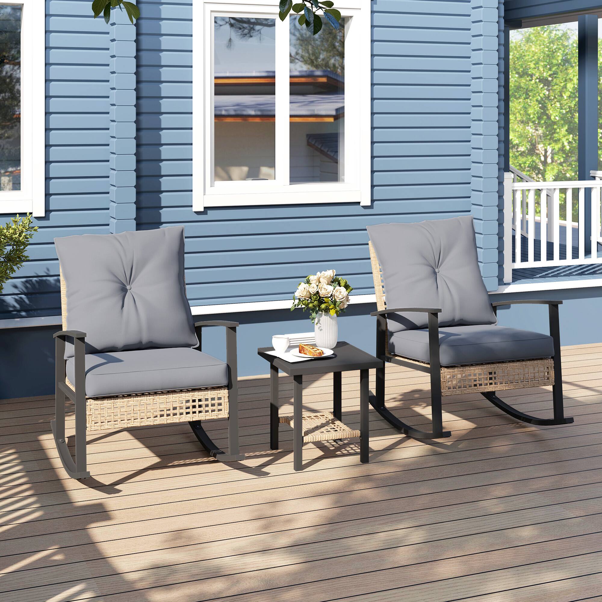 Alt View 1. Outsunny - Pieces Bistro Set, Patio Wicker Furniture Set with Button Tufted Cushions, Rattan Rocking Chairs - Gray.